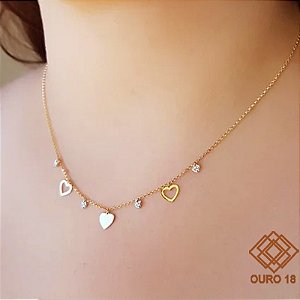 Gargantilha Corações Ouro 18k Zircônias