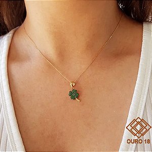 Kit Cordão Ouro 18k + Pingente Trevo Ouro 18k Zircônias