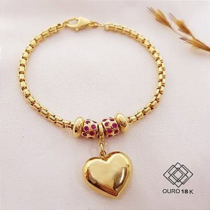 Pulseira Coração Ouro 18k Zircônias