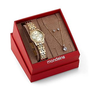 Kit Relógio Mondaine Feminino Cristais Dourado