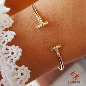 Bracelete T em Ouro 18k Zircônias