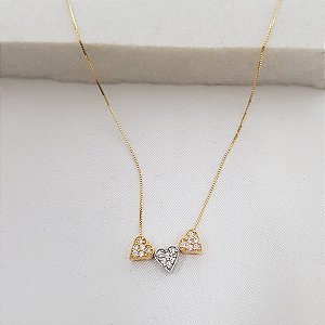 Gargantilha Corações Três Tons Ouro 18k Zircônias