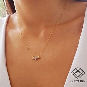 Gargantilha Corações Três Tons Ouro 18k Zircônias