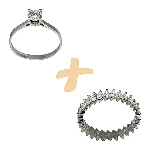 Kit Anel Solitário Ouro Branco 18k + Anel Navete Inteira Ouro Branco 18k Brilhante Moissanite