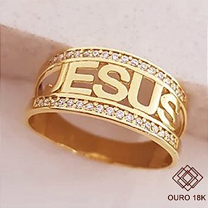Anel Jesus Ouro 18k Zircônias