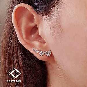 Brinco Ear Cuff Corações Prata 925 Zircônias
