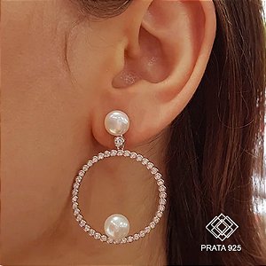 Brinco Pérola Prata 925 Zircônias