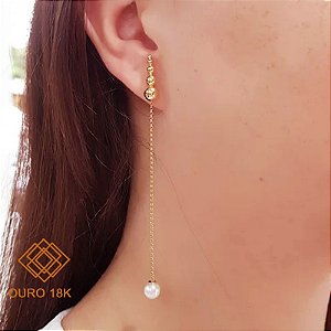 Brinco Alongado Esferas e Pérolas Ouro 18k