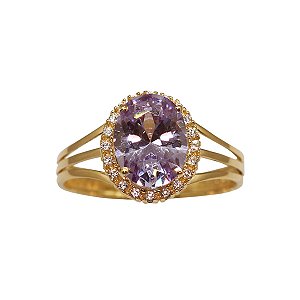 Anel Ouro 18k Zircônia Lilás