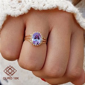 Anel Ouro 18k Zircônia Lilás