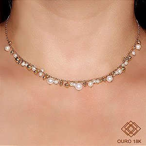 Gargantilha Ouro 18k Esferas e Pérolas