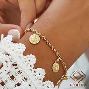Kit Pulseira Ouro 18k + Pingentes Medalhas Ouro 18k