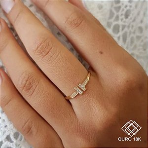 Anel T Duplo Ouro 18k Zircônia