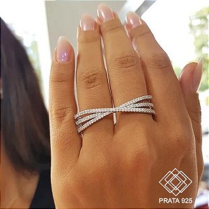 Anel Dois Dedos Prata 925 Zircônias