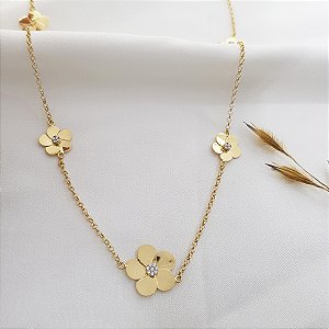 Gargantilha Flor Ouro 18k Zircônia