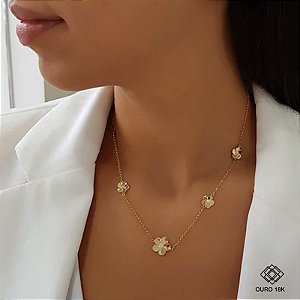 Gargantilha Flor Ouro 18k Zircônia