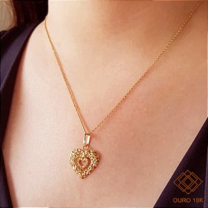 Kit Cordão Ouro 18k + Pingente Coração Filigrana Ouro 18k