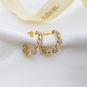 Brinco Meia Argola Flor Ouro 18k Zircônia