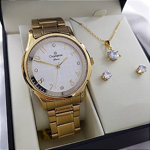 Kit Relógio Champion Feminino Dourado