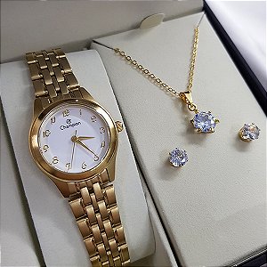 Kit Relógio Champion Feminino Dourado Ch25276w