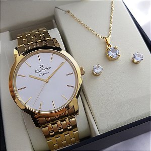 Kit Relógio Champion Feminino Dourado Cn27732w