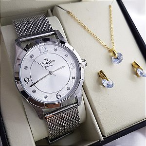 Kit Relógio Champion Feminino Prata Cn29910y