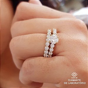 Kit Anel Solitário Ouro 18k + Anel Aparador Ouro 18k Diamante Laboratório