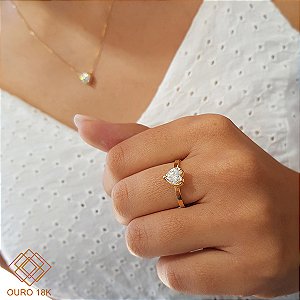 Anel Solitário Coração Ouro 18k - Brilhante Moissanite 90Pts