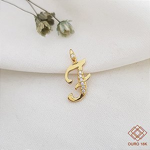 Pingente Letra F Ouro 18k Zircônia