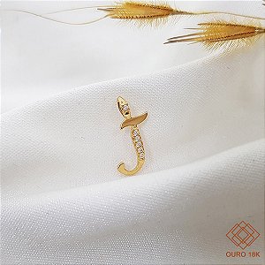Pingente Letra J Ouro 18k Zircônia