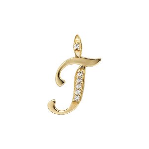 Pingente Letra T Ouro 18k Zircônia