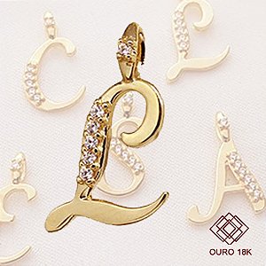 Pingente Letra L Ouro 18k Zircônia