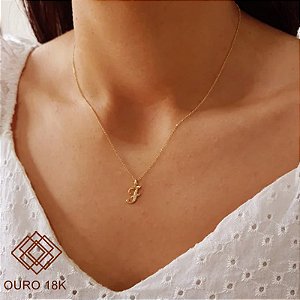 Kit Cordão Elo Português Ouro 18k + Pingente Letra F Ouro 18k