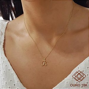 Kit Cordão Elo Português Ouro 18k + Pingente Letra R Ouro 18k