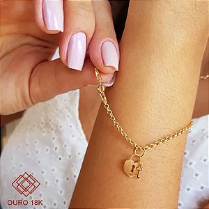 Pulseira Elo Português Pingente Coração Com Chave Ouro 18k