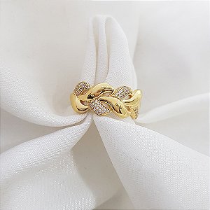 Anel Trançado Ouro 18k Zircônias