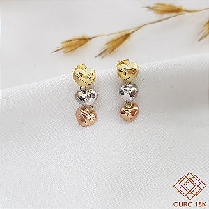 Brinco Corações 3 Cores Ouro 18k