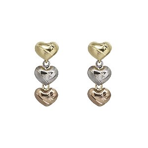 Brinco Corações 3 Cores Ouro 18k