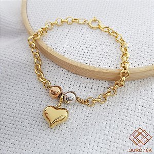 Pulseira Elo Português Coração Ouro 18k