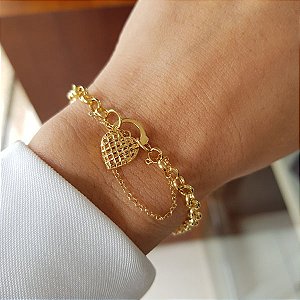 Pulseira Elo Português Fecho Coração Ouro 18k