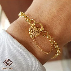 Pulseira Elo Português Fecho Coração Ouro 18k