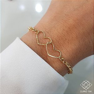 Pulseira 2 Corações Ouro 18k