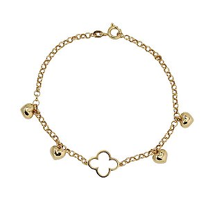Pulseira Trevo e Corações Ouro 18k - 17cm