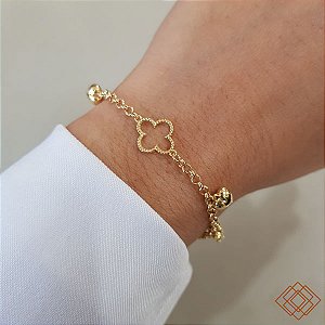 Pulseira Trevo e Corações Ouro 18k - 17cm