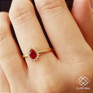 Anel Chuveiro Ouro 18k Zircônia Vermelha
