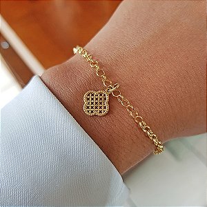 Kit Pulseira Elo Português Pingente Trevo Ouro 18k