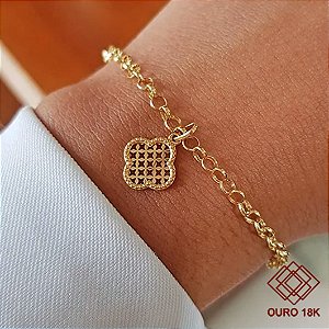 Kit Pulseira Elo Português Pingente Trevo Ouro 18k