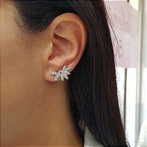 Brinco Folhas Prata 925 Zircônias