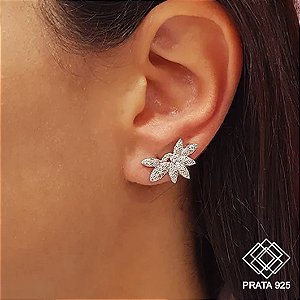 Brinco Folhas Prata 925 Zircônias