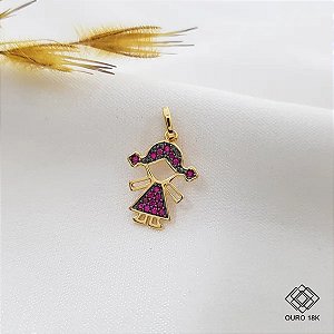 Pingente Menina Ouro 18k Zircônia Vermelha